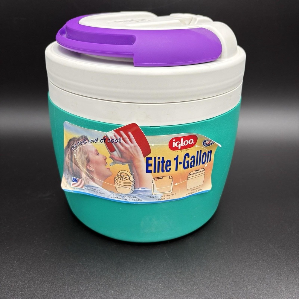 Vintage Igloo Elite 1 Gallon Water Cooler Teal Jug w Purple Handle Unused Retro